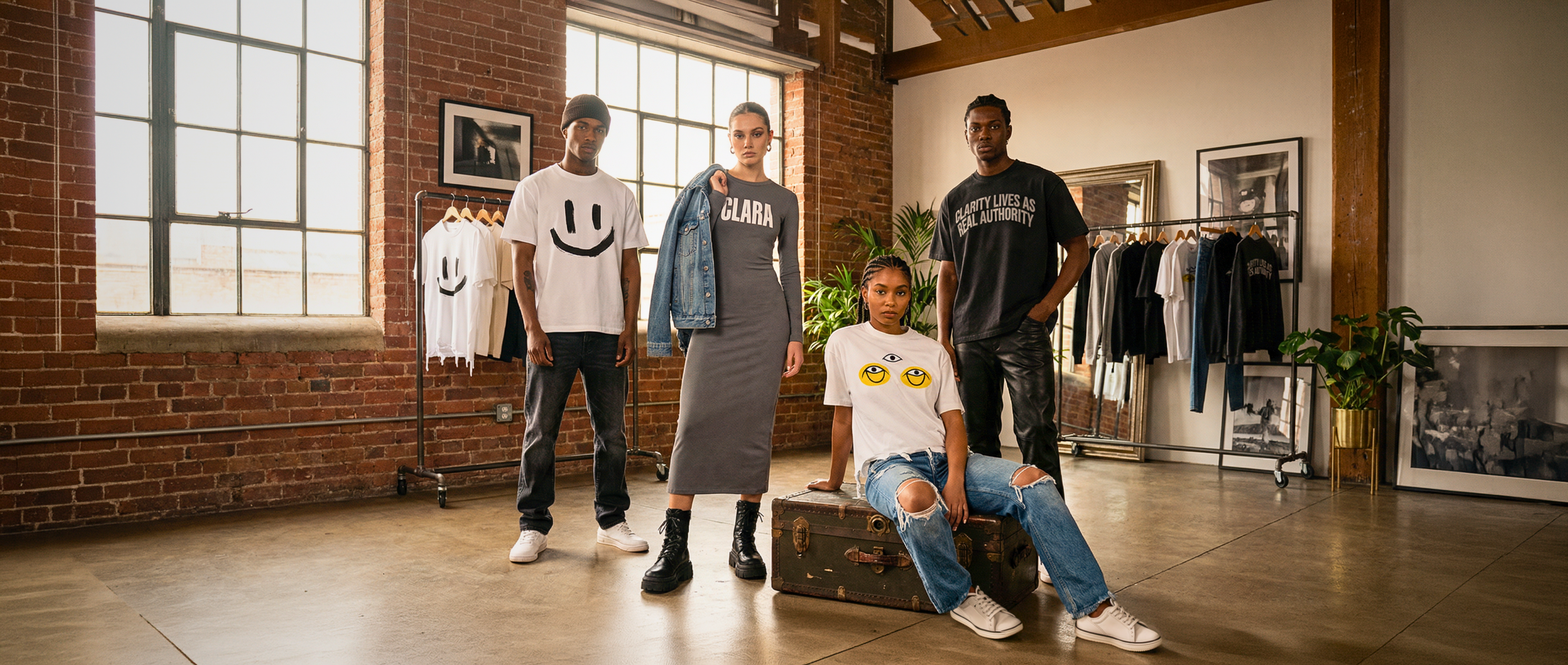 Four people standing in a room with brick walls and large windows, wearing various outfits.